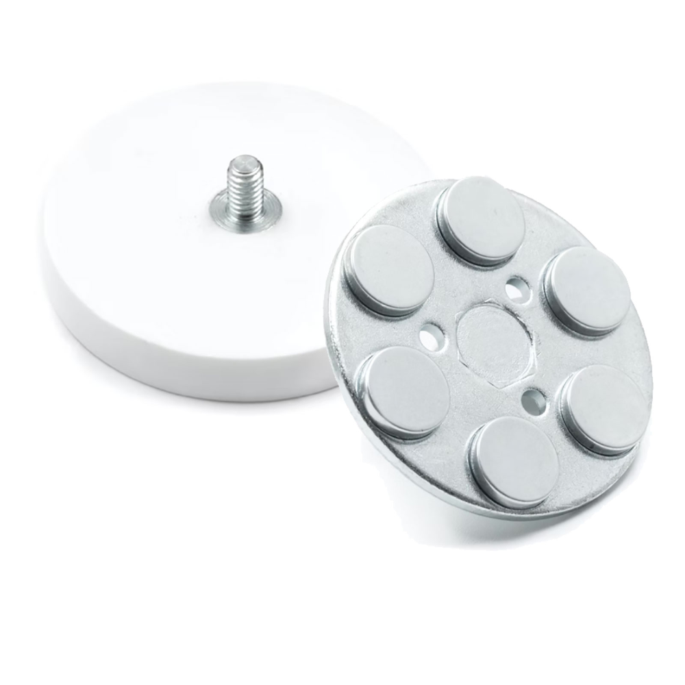 Gummimagnet (Hvit) m. utvendig gjenge, Ø43 mm