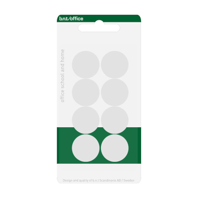 Pakke med 8 billige hvite kontormagneter 20 mm. fra BNT Scandinavia. Bruk magnetene på kontortavlen eller kjøleskapet ditt.