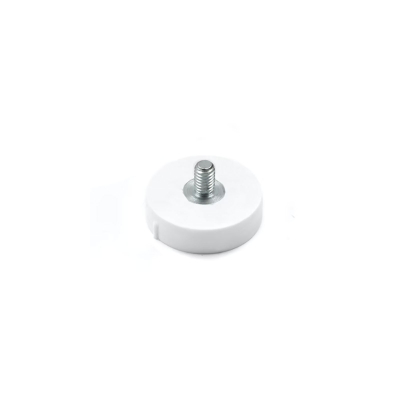 Ø22 mm. hvit gummimagnet av neodymium (N42) med stålgjenge (utvendig). Skru magneten sammen med M4 nøtt eller magnet med innvendig M4-gjenge.