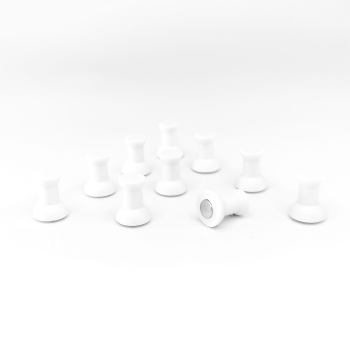 Hvite magneter som ser ut som små tegnestifter. De er laget av ABS-plast med en sterk neodymmagnet i bunnen. Selges i 10-pakk til en lav pris.