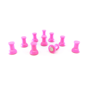 Pink magneter som ser ut som små tegnestifter. De er laget av ABS-plast med en sterk neodymmagnet i bunnen. Selges i 10-pakk til en lav pris.